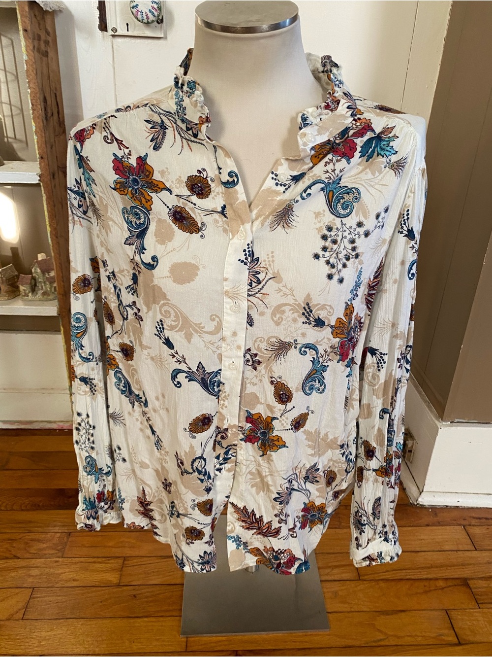 St. John's Bay Cream Button-Down Shirt with Blue & Rust Floral Print